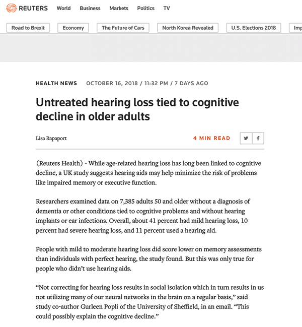 Untreated hearing loss tied to cognitive decline in older adults